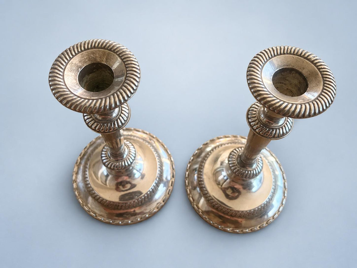 Vintage Pair of Georgian Style Silver-Tone Candlesticks with Gadrooned Borders and Tapering Stems