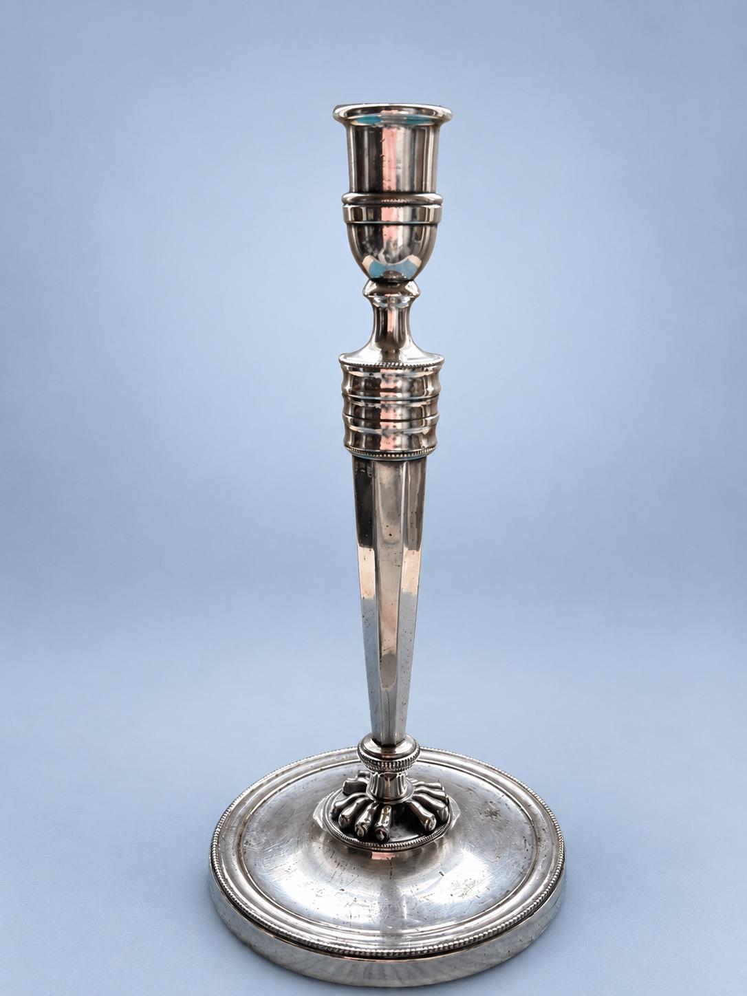 Vintage Empire Style Silver-Tone Candlestick with Tapering Shaft, Ringed Collar and Beaded Round Base