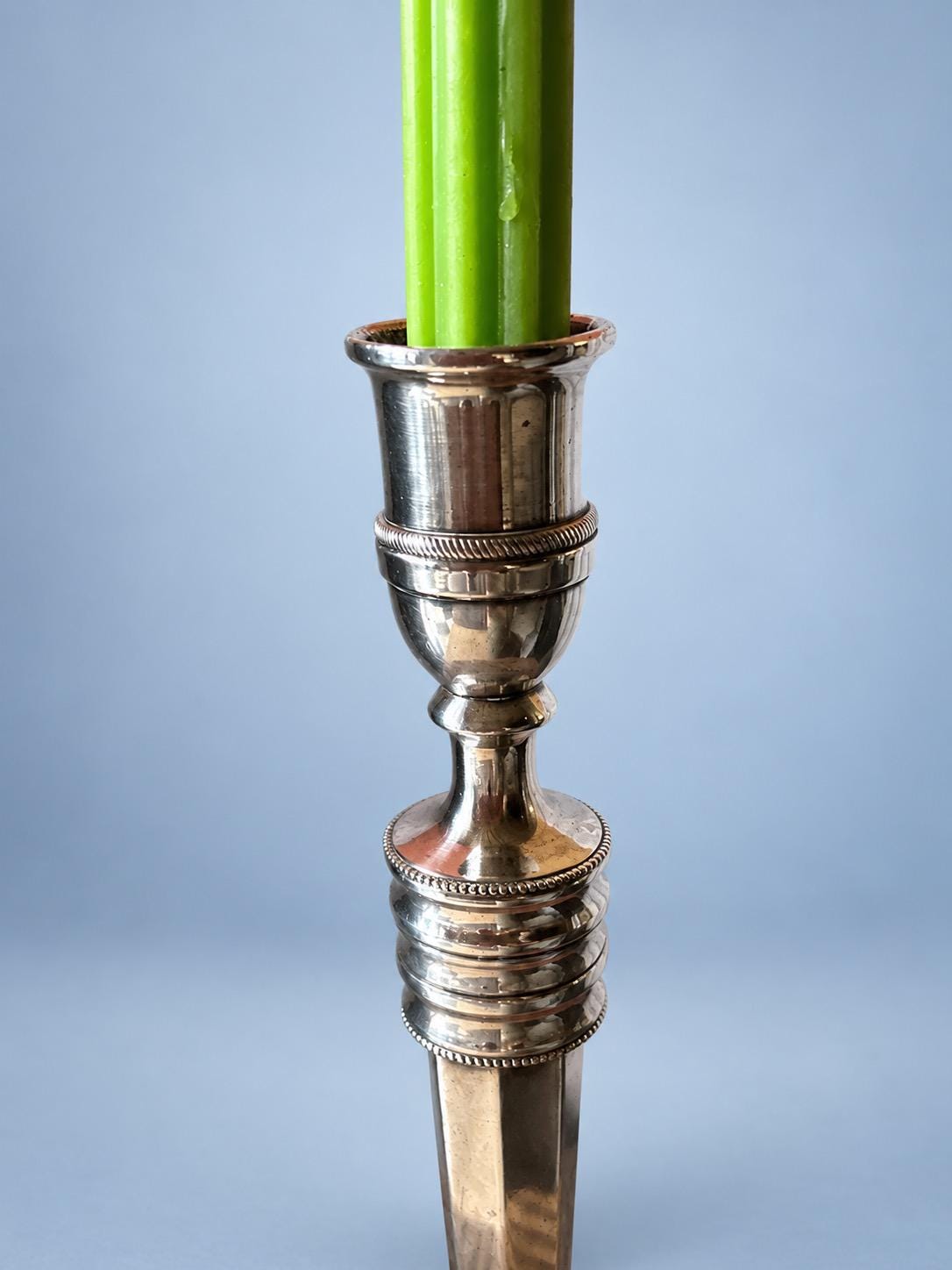 Vintage Empire Style Silver-Tone Candlestick with Tapering Shaft, Ringed Collar and Beaded Round Base