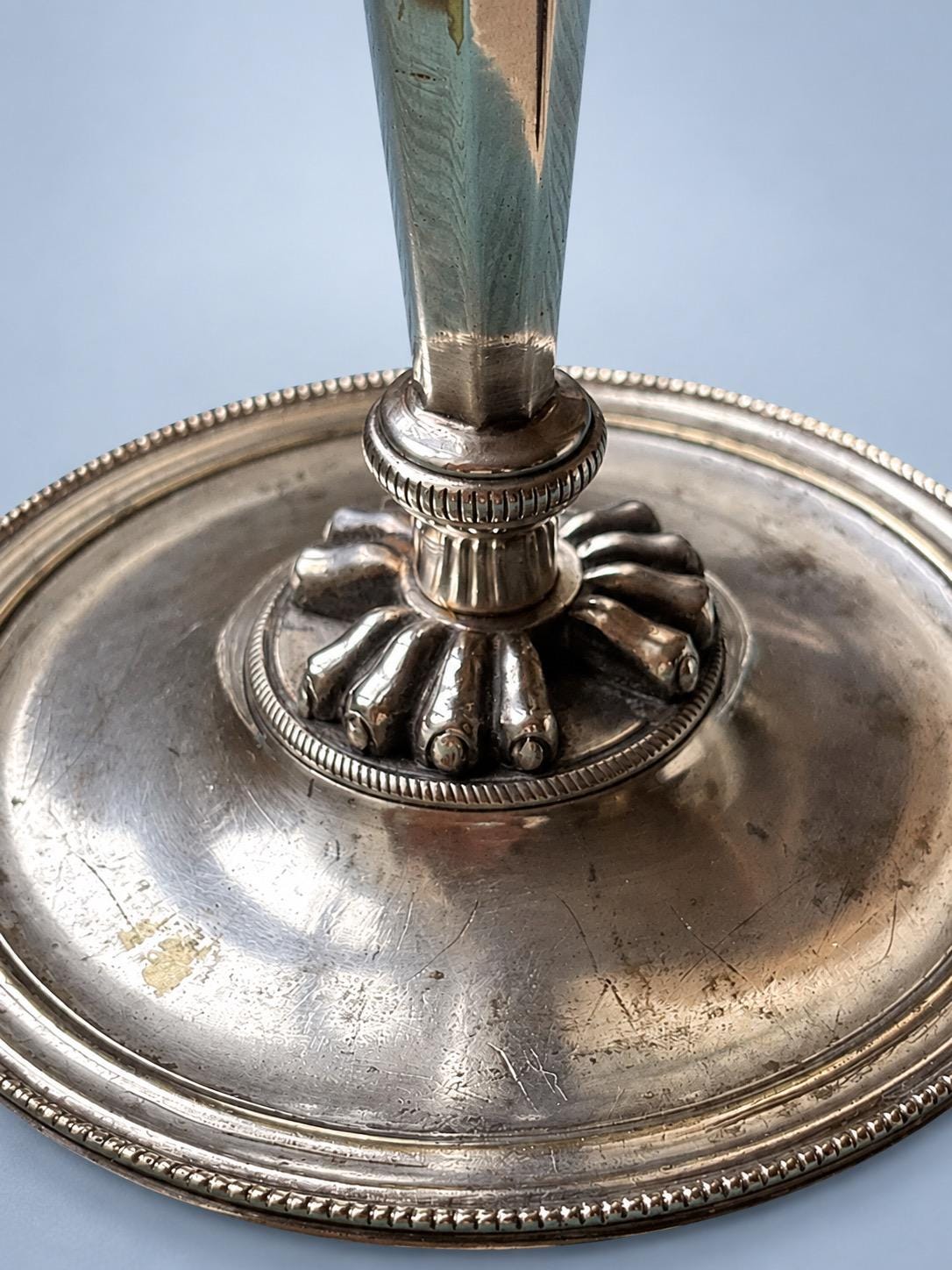 Vintage Empire Style Silver-Tone Candlestick with Tapering Shaft, Ringed Collar and Beaded Round Base