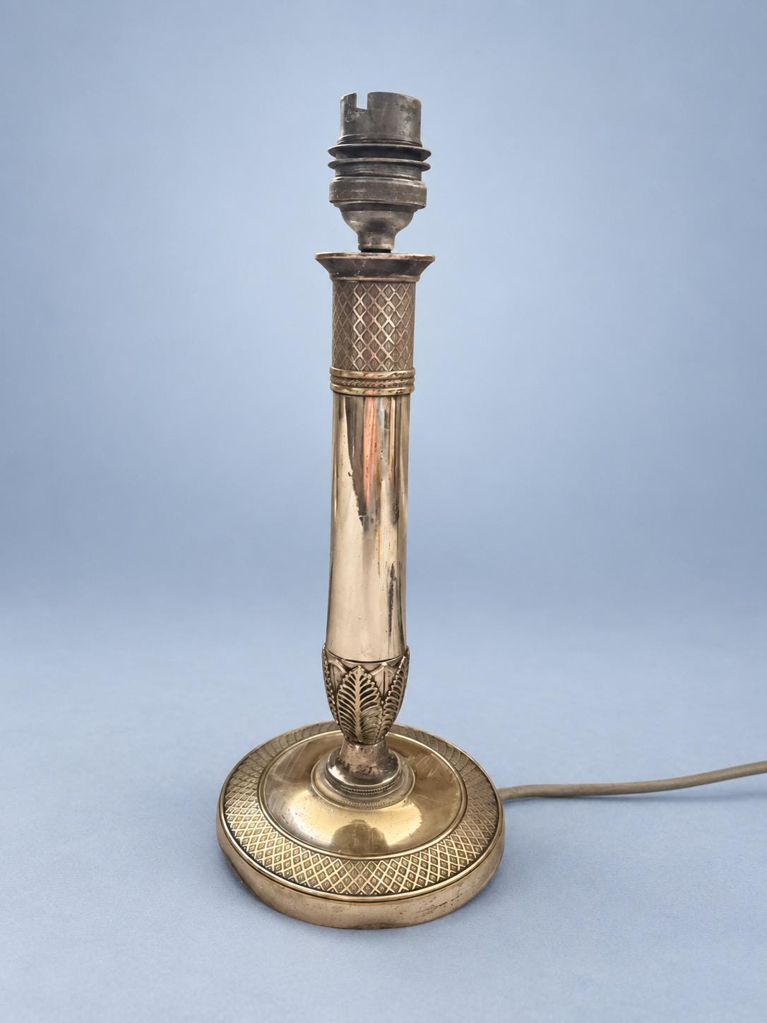 Vintage Empire Style Silver-Tone Candlestick Lamp Base, Palmette Collar and Guilloché Round Base