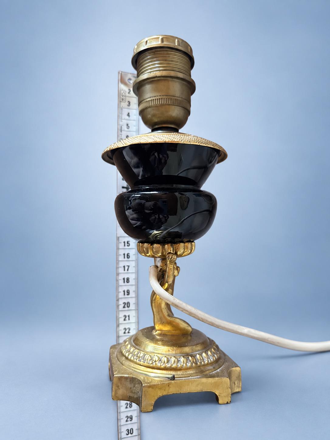 Vintage Napoleon III Style Small Black and Gilt Metal Table Lamp Base, Figural Stem on Square Footed Base