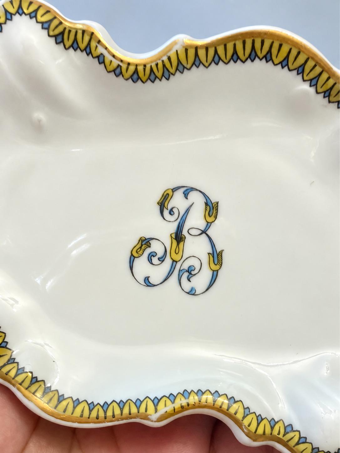 Vintage Shaped White Glazed Ceramic Trinket Dish with Monogram "B", Yellow and Blue Palmette Border and Gilt Rim