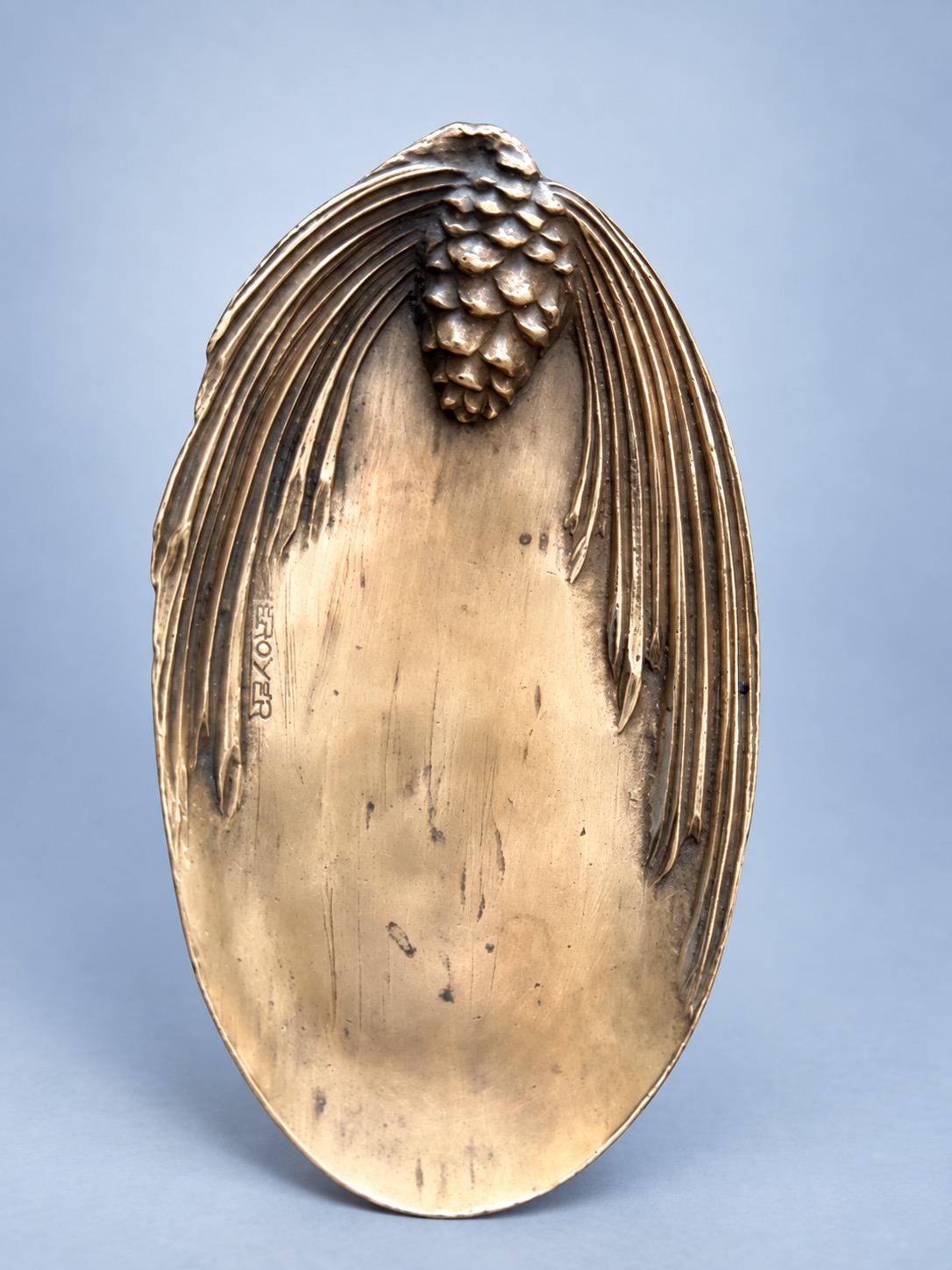 Vintage Leroyer Gilt Metal Pine Cone Trinket Dish, Naturalist Pine Branch in Relief, Signed