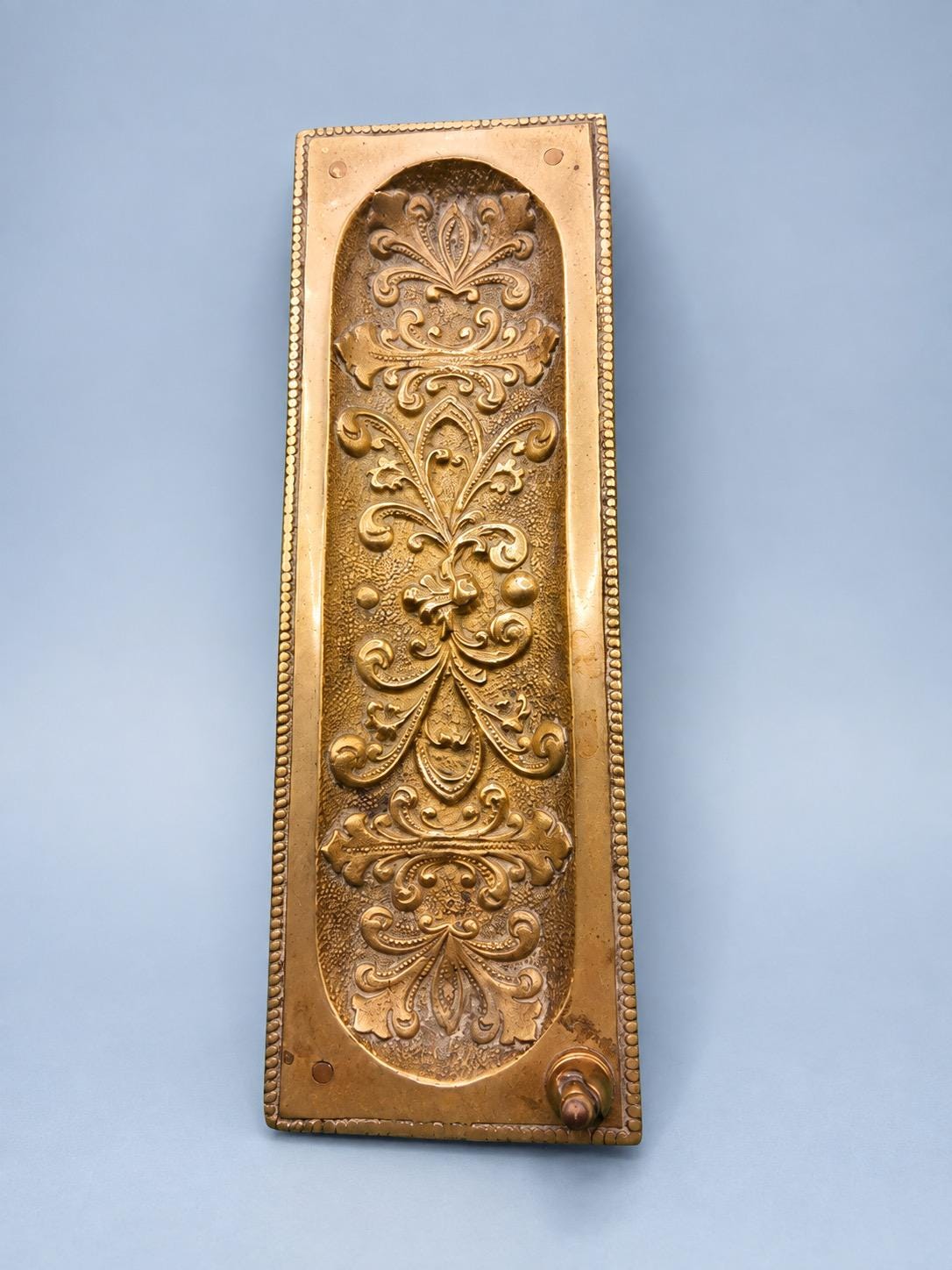 Vintage Brass Tone Pen Tray with Ornate Scroll Relief and Beaded Rim, Rectangular Footed Desk Vide Poche, 19.6 cm