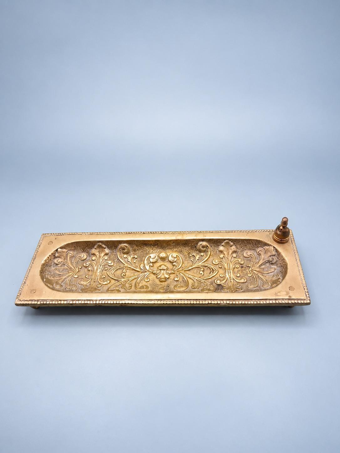 Vintage Brass Tone Pen Tray with Ornate Scroll Relief and Beaded Rim, Rectangular Footed Desk Vide Poche, 19.6 cm