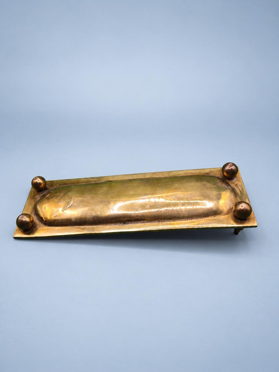 Vintage Brass Tone Pen Tray with Ornate Scroll Relief and Beaded Rim, Rectangular Footed Desk Vide Poche, 19.6 cm