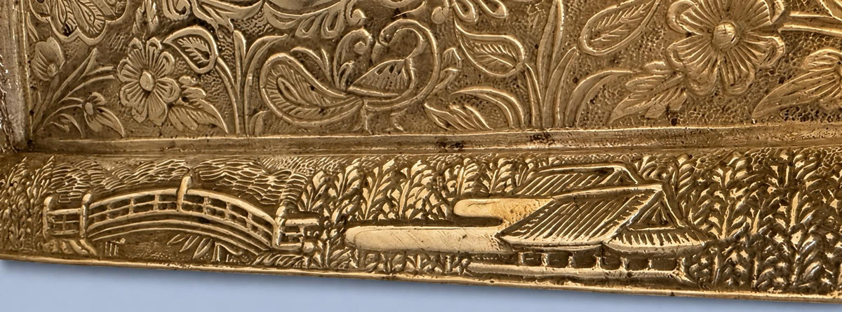Vintage Japonisme Style Brass-Tone Tray with Pagoda, Torii Gate and Bridge Scenes, Floral Centre