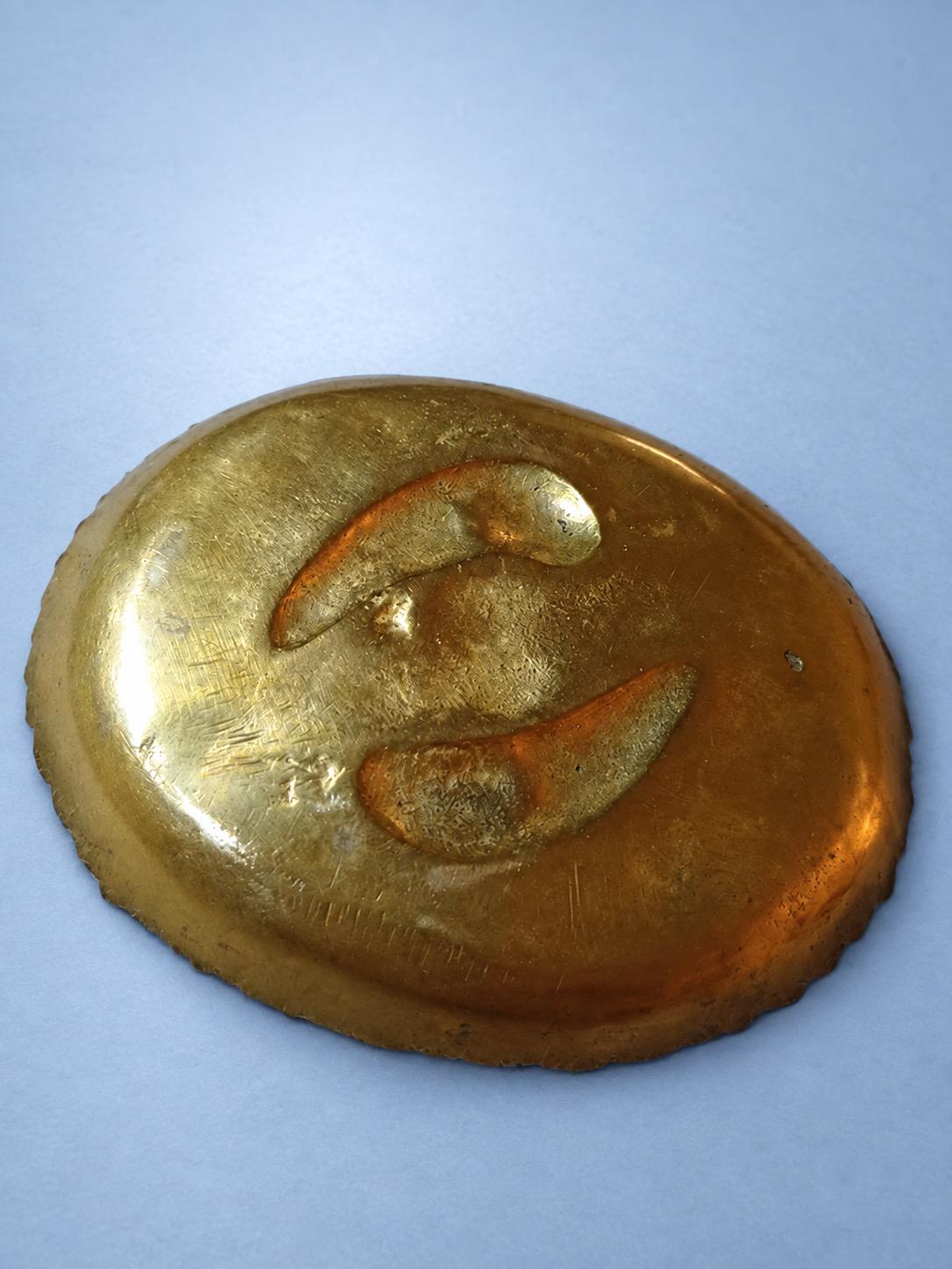 Vintage Brass-Tone Oval Trinket Dish with Dragons and Sea Creatures in Relief, Japonisme Style