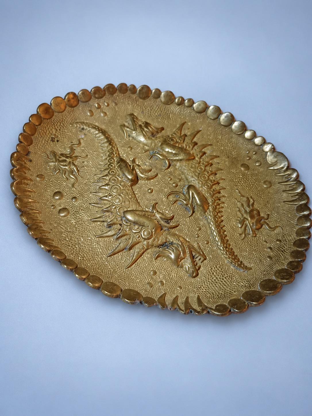 Vintage Brass-Tone Oval Trinket Dish with Dragons and Sea Creatures in Relief, Japonisme Style