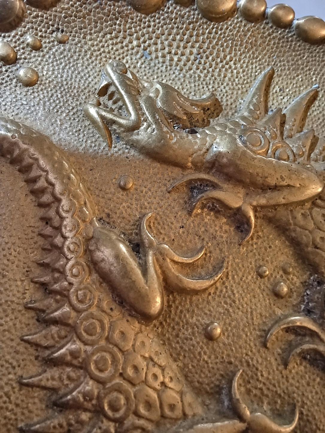 Vintage Brass-Tone Oval Trinket Dish with Dragons and Sea Creatures in Relief, Japonisme Style