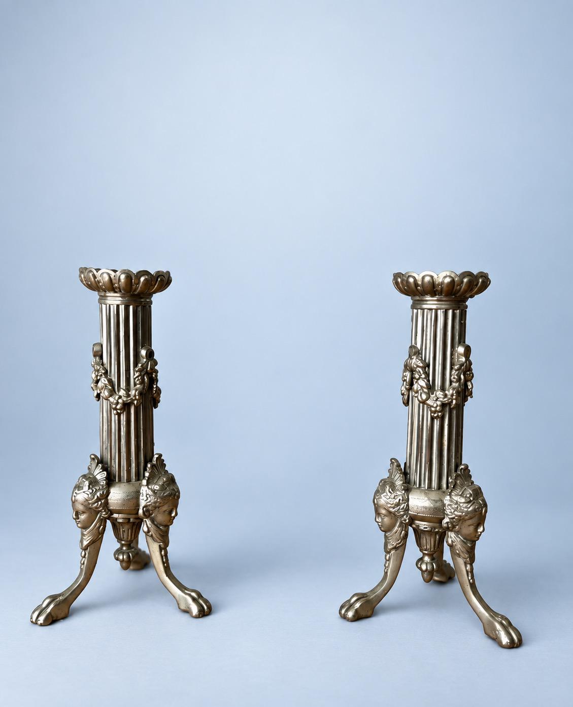 Vintage Pair of Empire Style Silver-Tone Tripod Candlesticks, Fluted Columns, Lion Paw Feet and Classical Heads