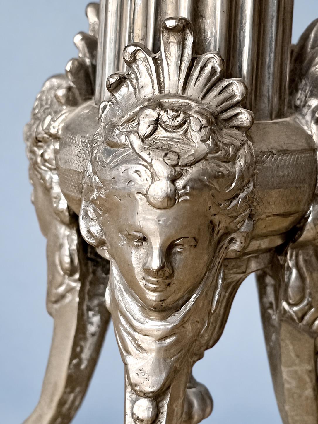 Vintage Pair of Empire Style Silver-Tone Tripod Candlesticks, Fluted Columns, Lion Paw Feet and Classical Heads