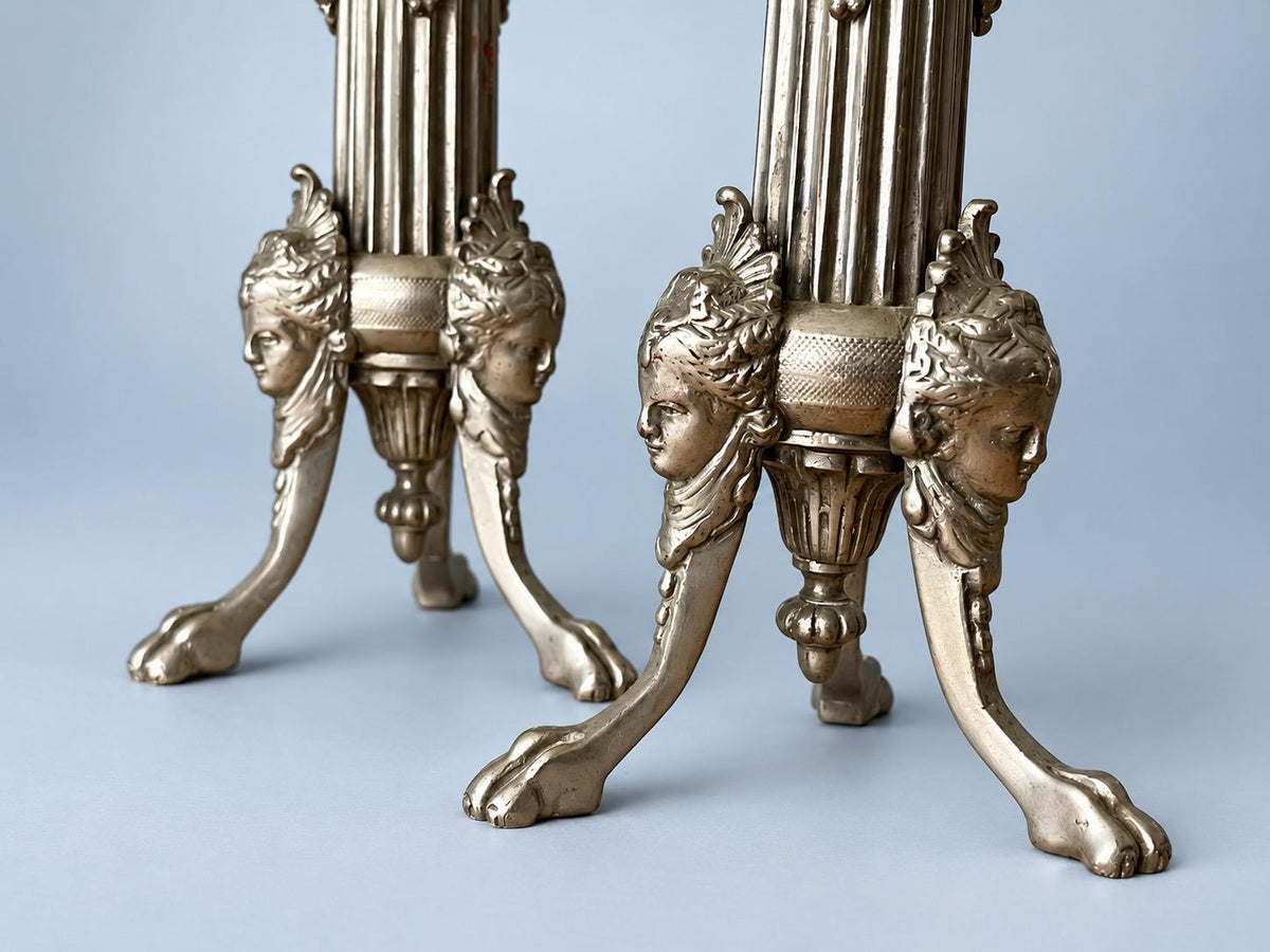 Vintage Pair of Empire Style Silver-Tone Tripod Candlesticks, Fluted Columns, Lion Paw Feet and Classical Heads