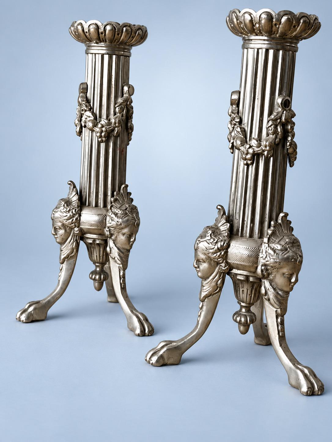 Vintage Pair of Empire Style Silver-Tone Tripod Candlesticks, Fluted Columns, Lion Paw Feet and Classical Heads
