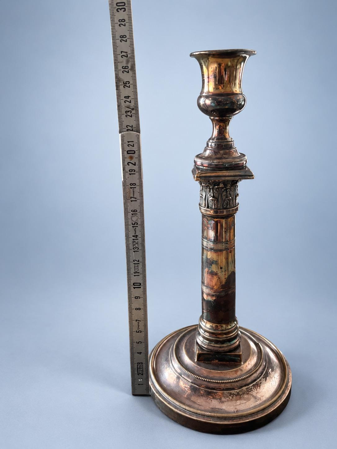 Vintage Empire Style Silver-Tone Column Candlestick with Leaf Capital, Urn Cup and Beaded Round Base