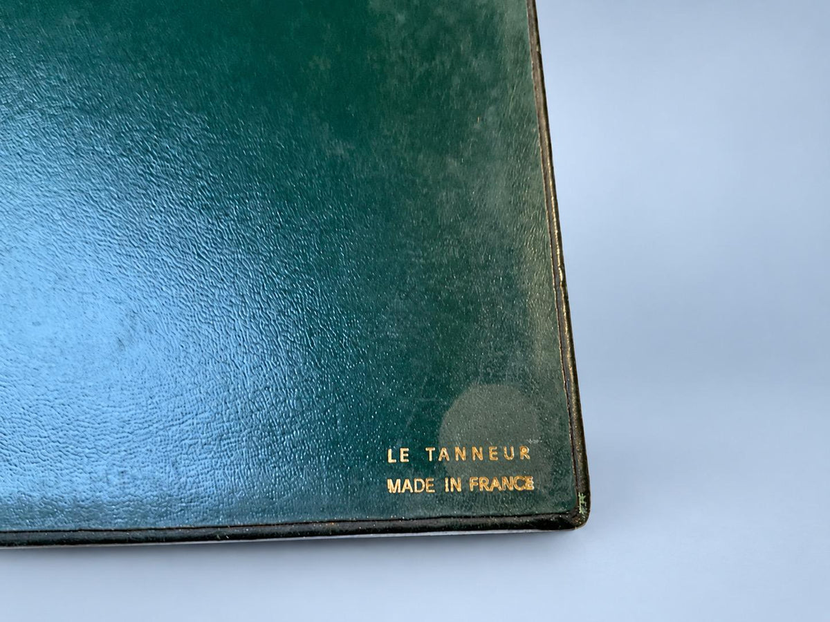 Vintage Green Leather Desk Letter Organizer with Gilt Tooled Scrolls, Three Tiered Compartments