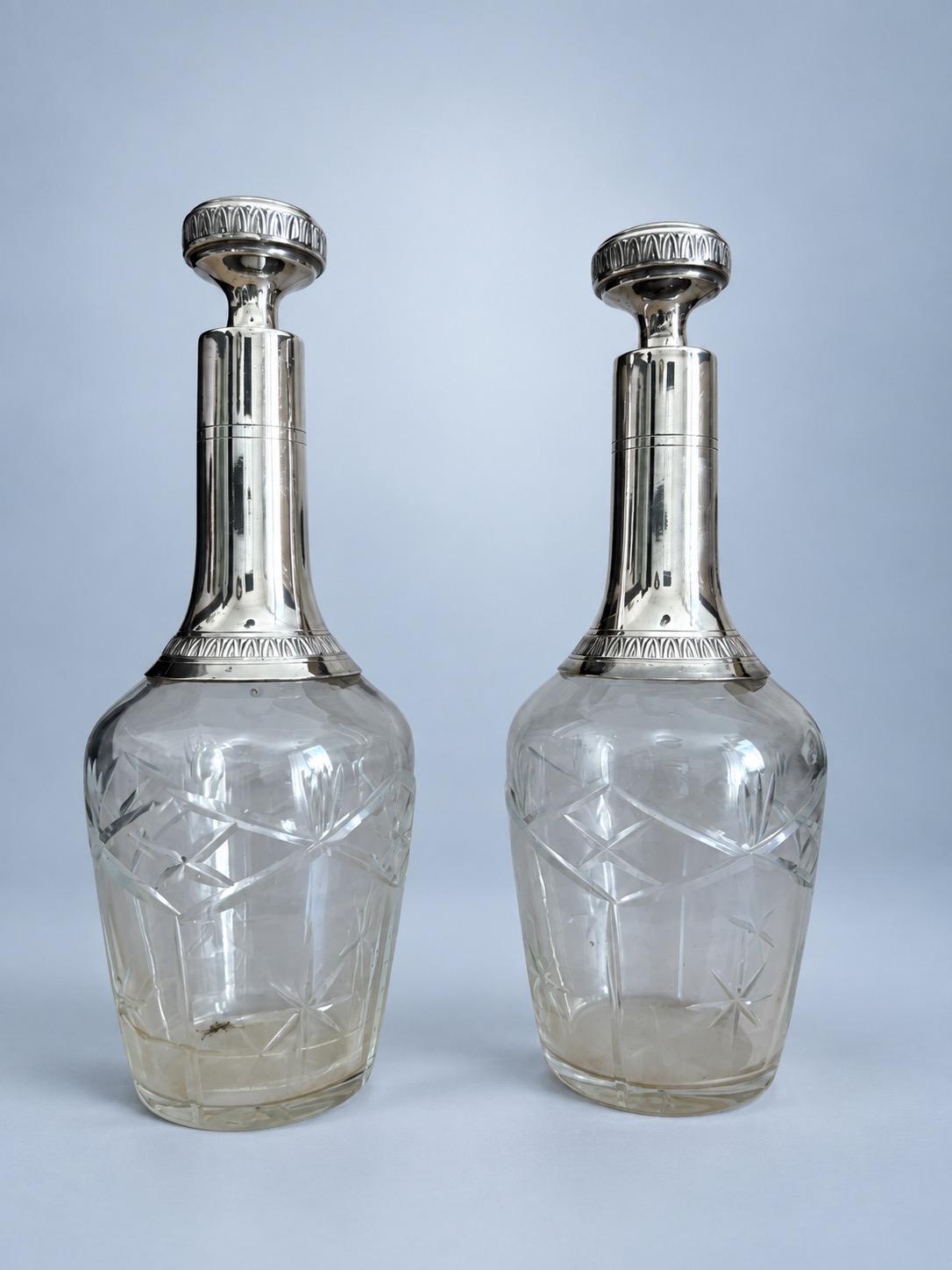 Vintage Pair of Cut Glass Decanters with Silver-Tone Neck Mounts and Stoppers, Star and Palmette Decoration