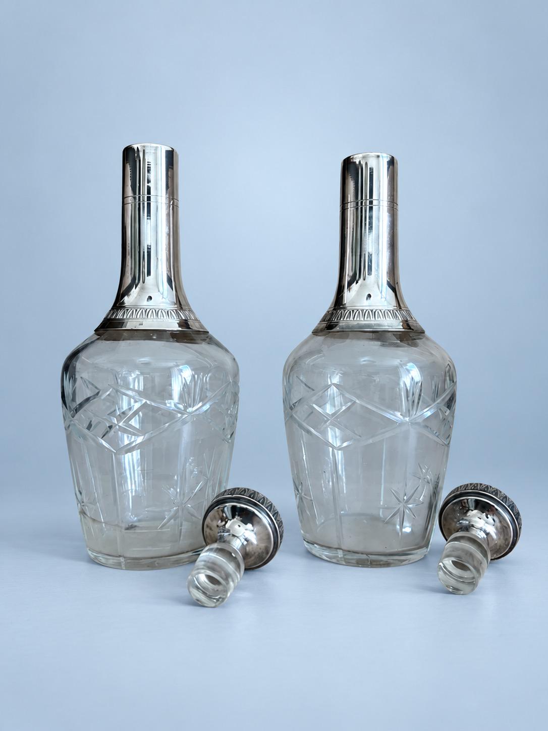Vintage Pair of Cut Glass Decanters with Silver-Tone Neck Mounts and Stoppers, Star and Palmette Decoration
