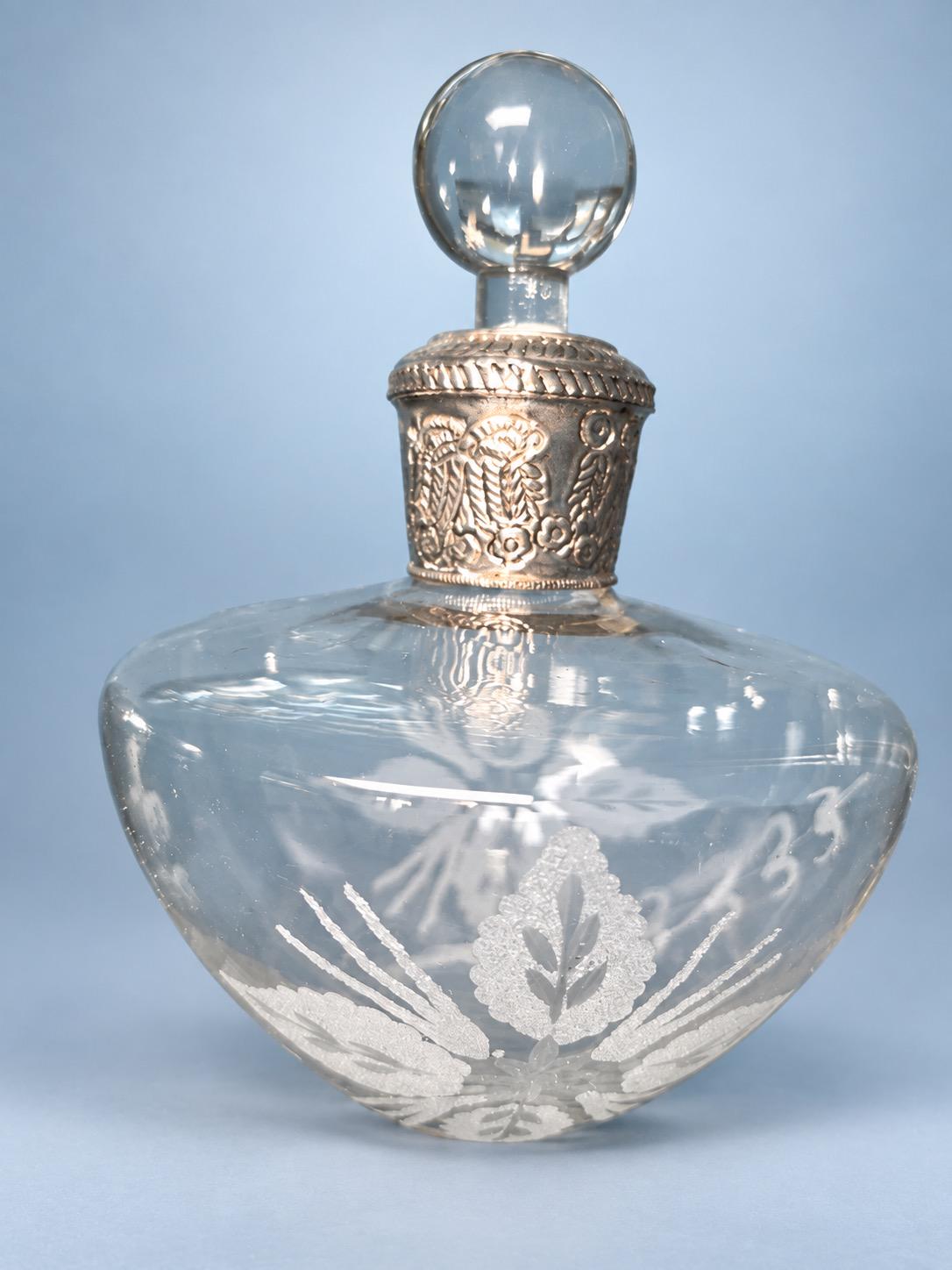 Vintage Etched Glass Decanter with Embossed Silver-Tone Collar and Clear Ball Stopper