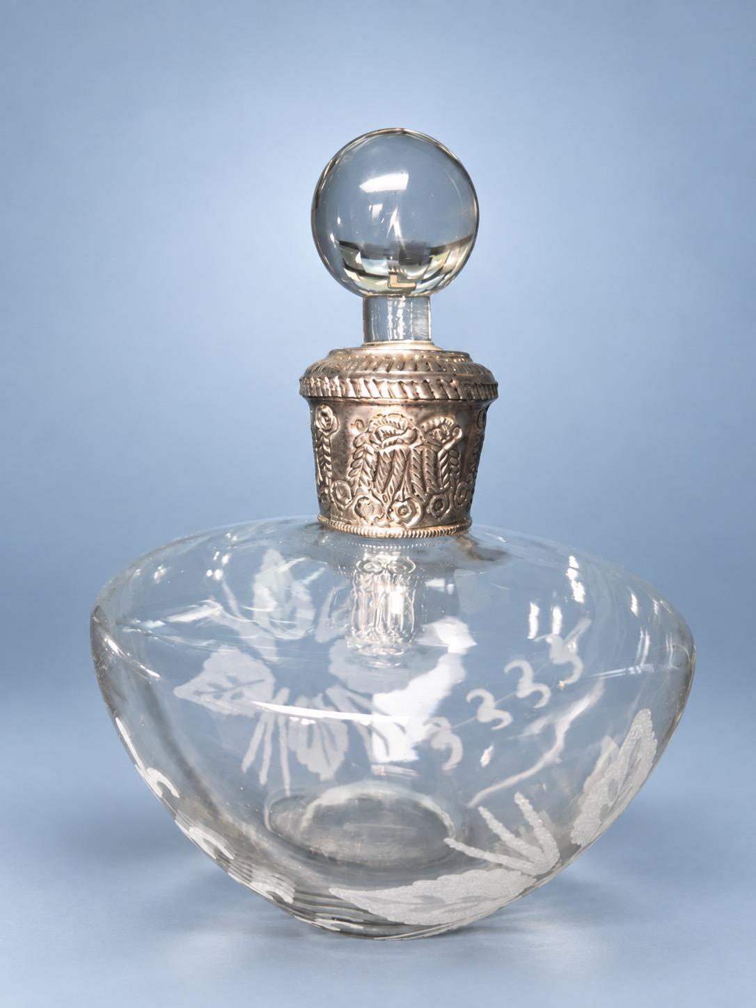 Vintage Etched Glass Decanter with Embossed Silver-Tone Collar and Clear Ball Stopper