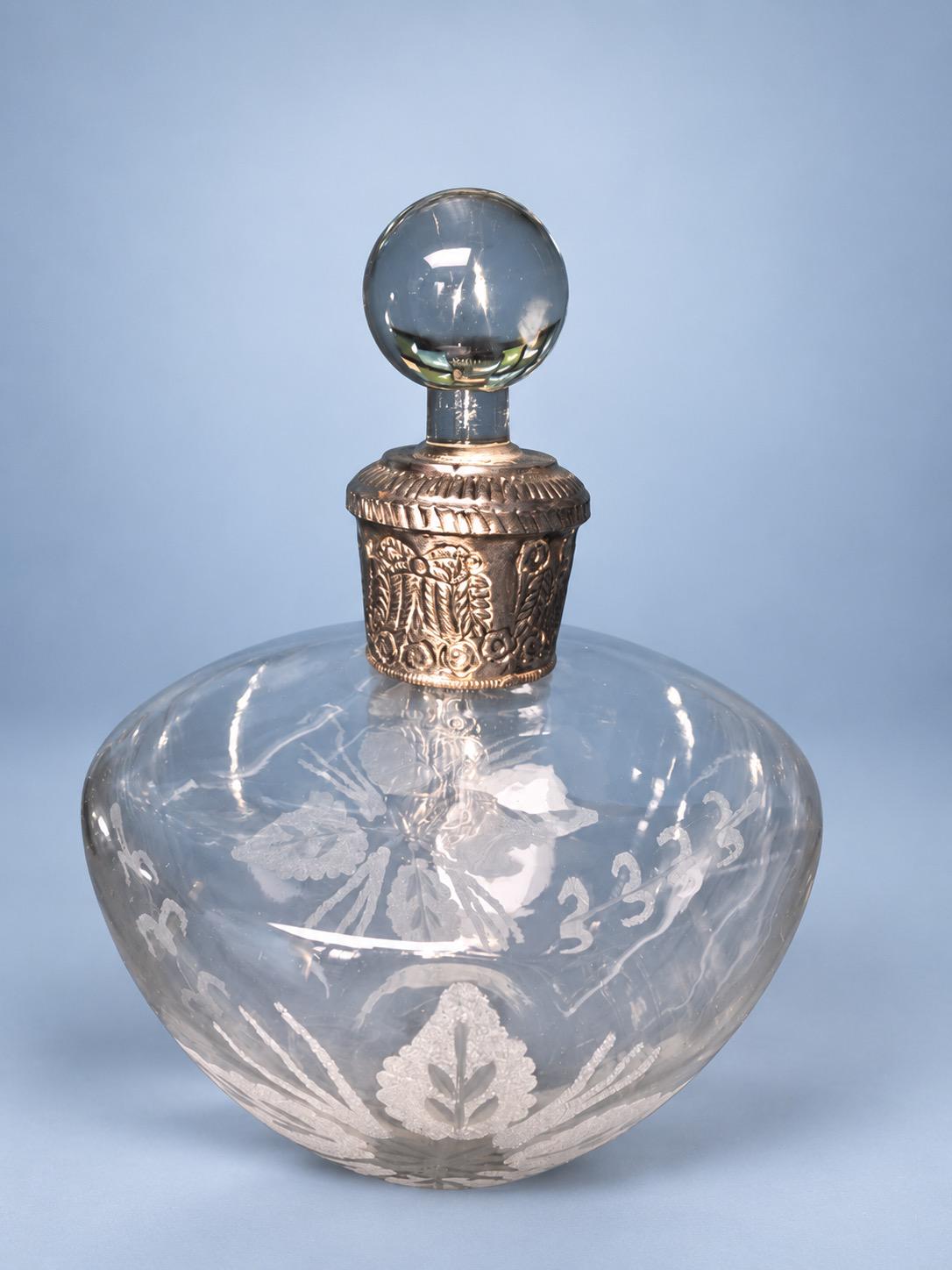 Vintage Etched Glass Decanter with Embossed Silver-Tone Collar and Clear Ball Stopper