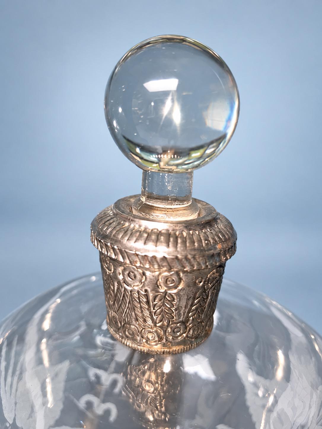 Vintage Etched Glass Decanter with Embossed Silver-Tone Collar and Clear Ball Stopper