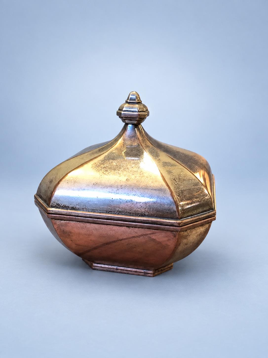 Vintage Art Deco Style Octagonal Lidded Box, Silver-Tone Metal with Domed Faceted Lid and Stepped Finial