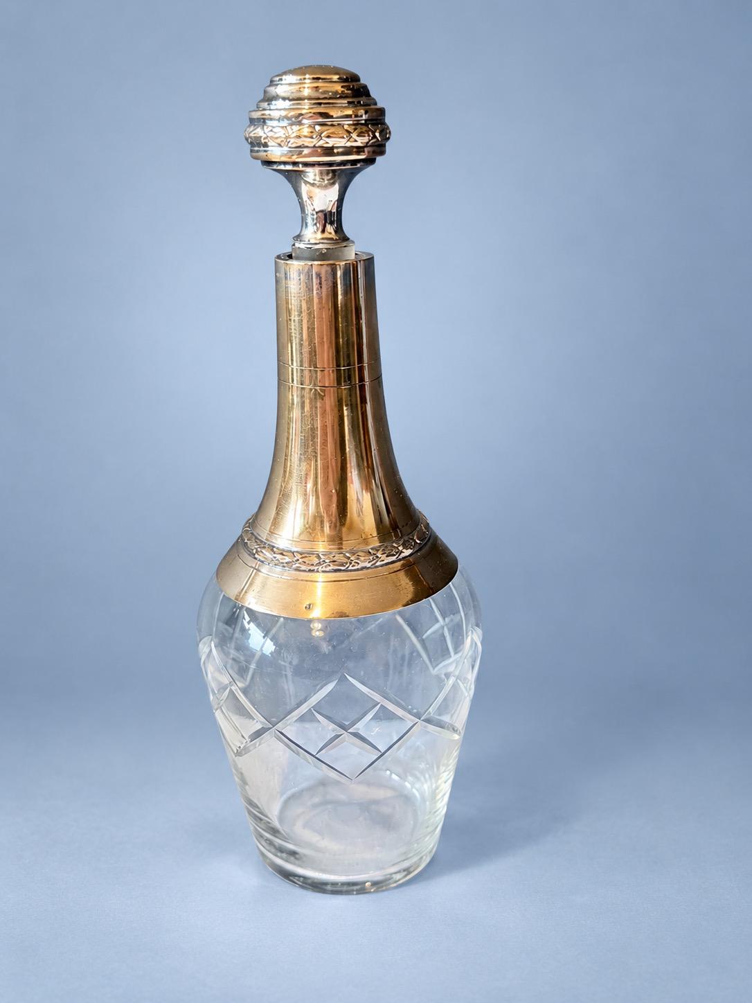 Vintage Liqueur Set, Cut Glass Decanter with Silver-Tone Neck and Stopper, Six Fluted Silver-Tone Beakers