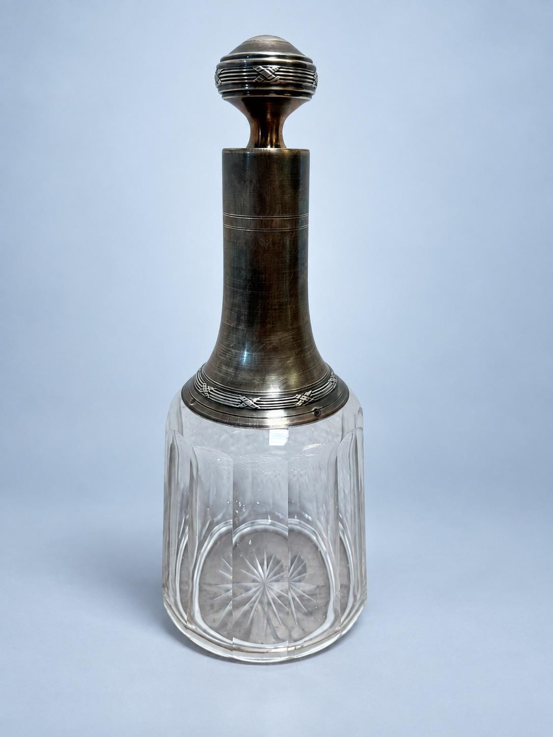 Vintage Louis XVI Style Cut Glass Decanter with Silver-Tone Neck Mount and Ball Stopper, Crossed Ribbon Bands