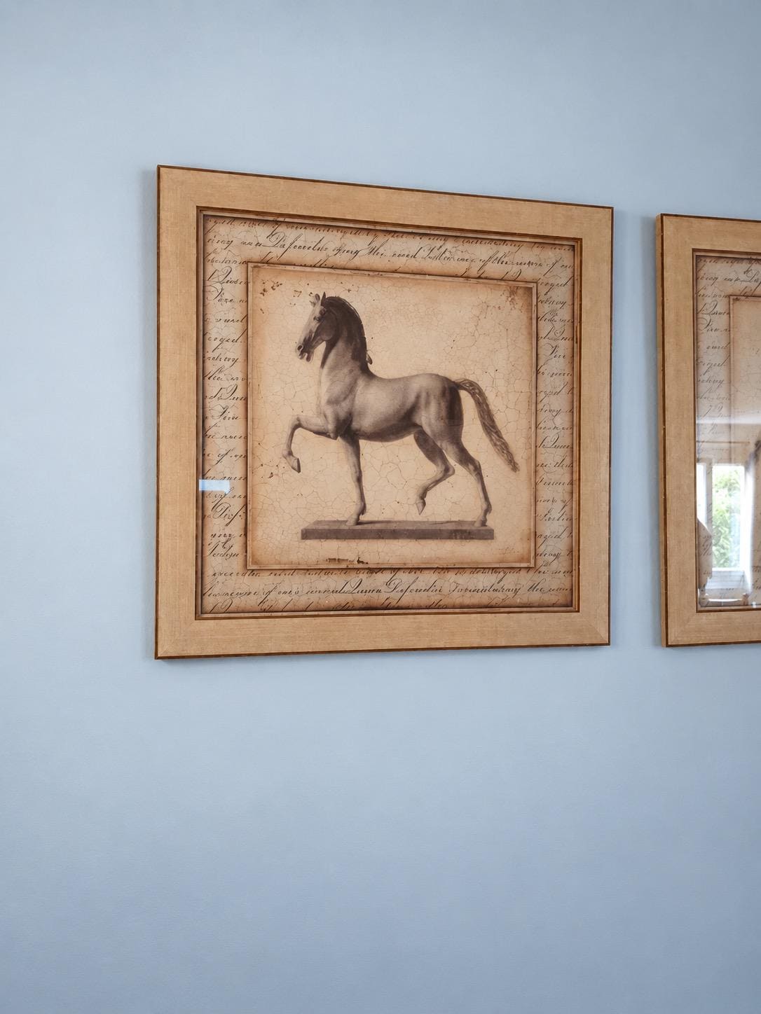 Pair of Large Framed Horse Prints, Opposite Facing Equestrian Images with Script Borders and Beige Frames, 81 x 81 cm