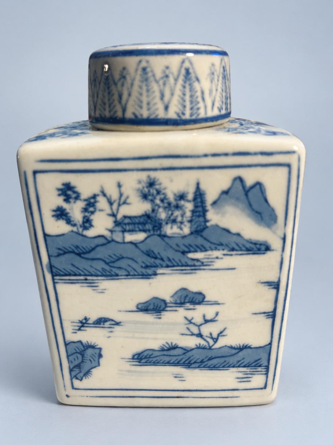 Vintage Small Blue and White Glazed Ceramic Lidded Pot, Chinoiserie Style Landscape Decoration