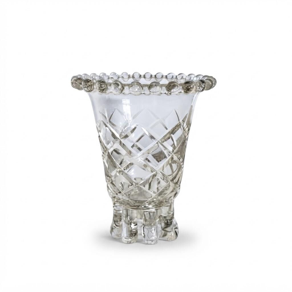 Vintage Clear Cut Crystal Vase with Beaded Scalloped Rim, Crosscut Geometric Trumpet Shape and Faceted Base, 19.5 cm
