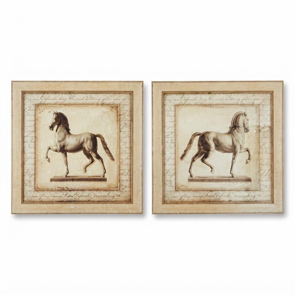 Pair of Large Framed Horse Prints, Opposite Facing Equestrian Images with Script Borders and Beige Frames, 81 x 81 cm