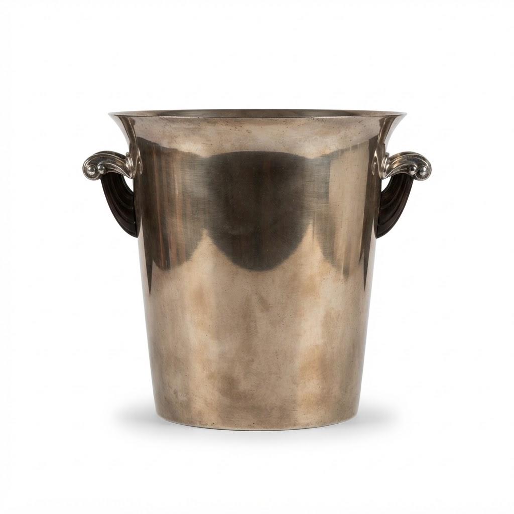 Vintage Art Deco Style Silver-Tone Champagne Bucket with Scroll Mounts and Dark Red-Brown Handles