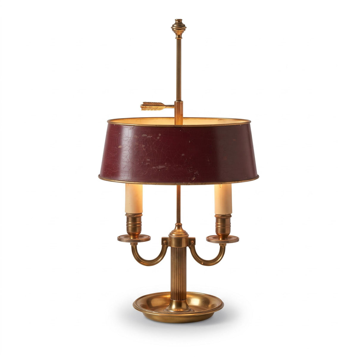 Vintage Empire Style Bouillotte Lamp, Two-Light Brass-Tone Lamp with Adjustable Burgundy Painted Tôle Shade