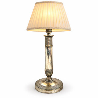 Vintage Empire Style Silver-Tone Candlestick Lamp Base, Palmette Collar and Guilloché Round Base