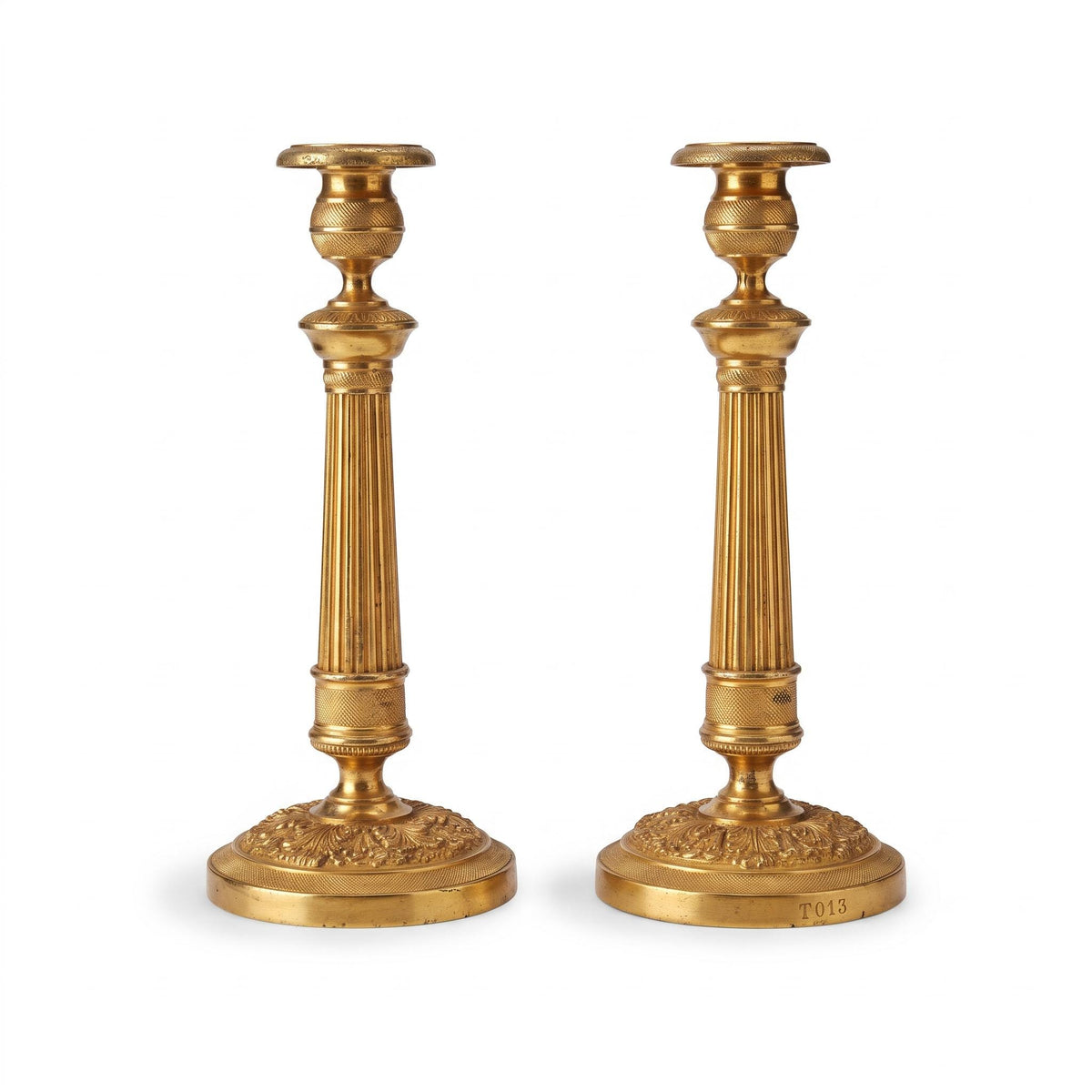 Vintage Pair of Empire Style Brass-Tone Candlesticks, Fluted Columns and Foliate Domed Bases