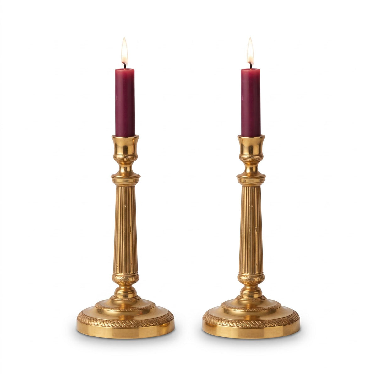 Vintage Pair of Empire Style Patinated Brass-Tone Candlesticks, Fluted Columns, Acanthus Collars and Foliate Bases