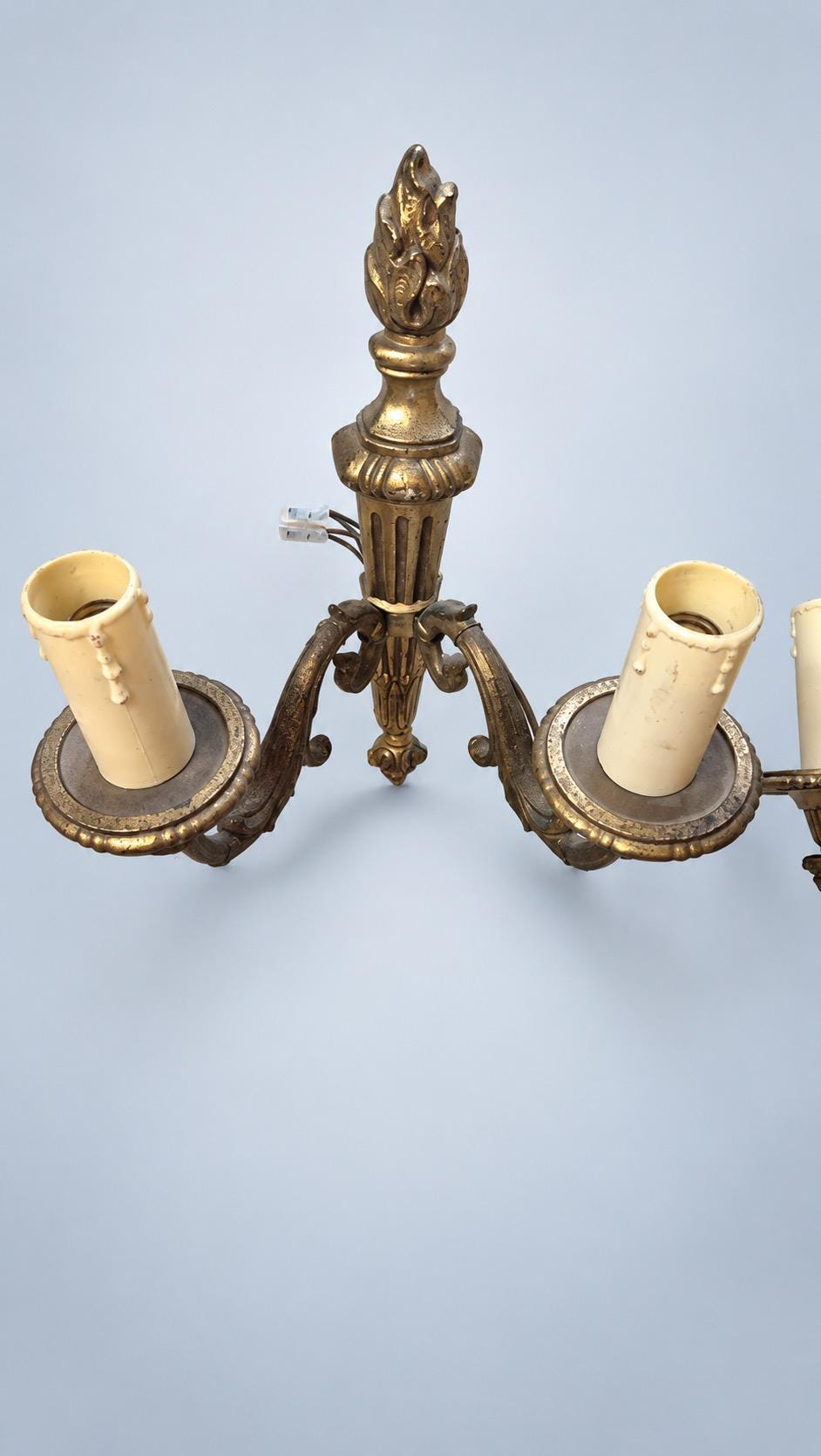 Vintage Pair of Louis XVI Style Two-Arm Wall Sconces, Patinated Brass-Tone Metal with Torch Back Plates and Acanthus Arms