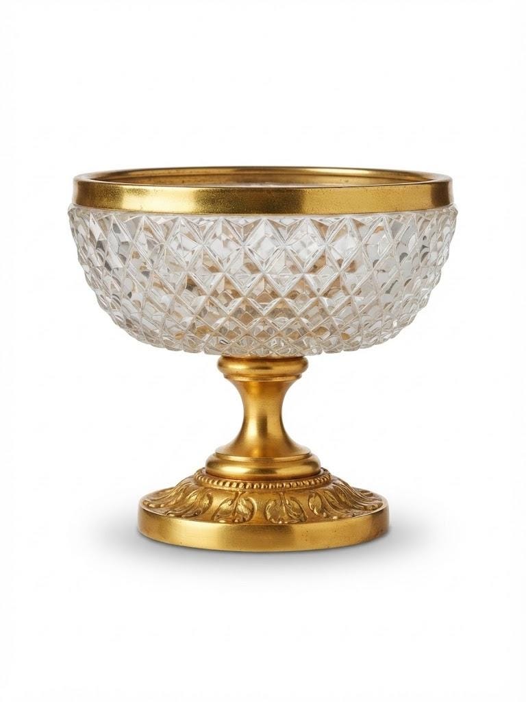 Vintage Small Footed Cut Glass Bowl with Gilt Metal Rim and Pedestal, Diamond Point Pattern