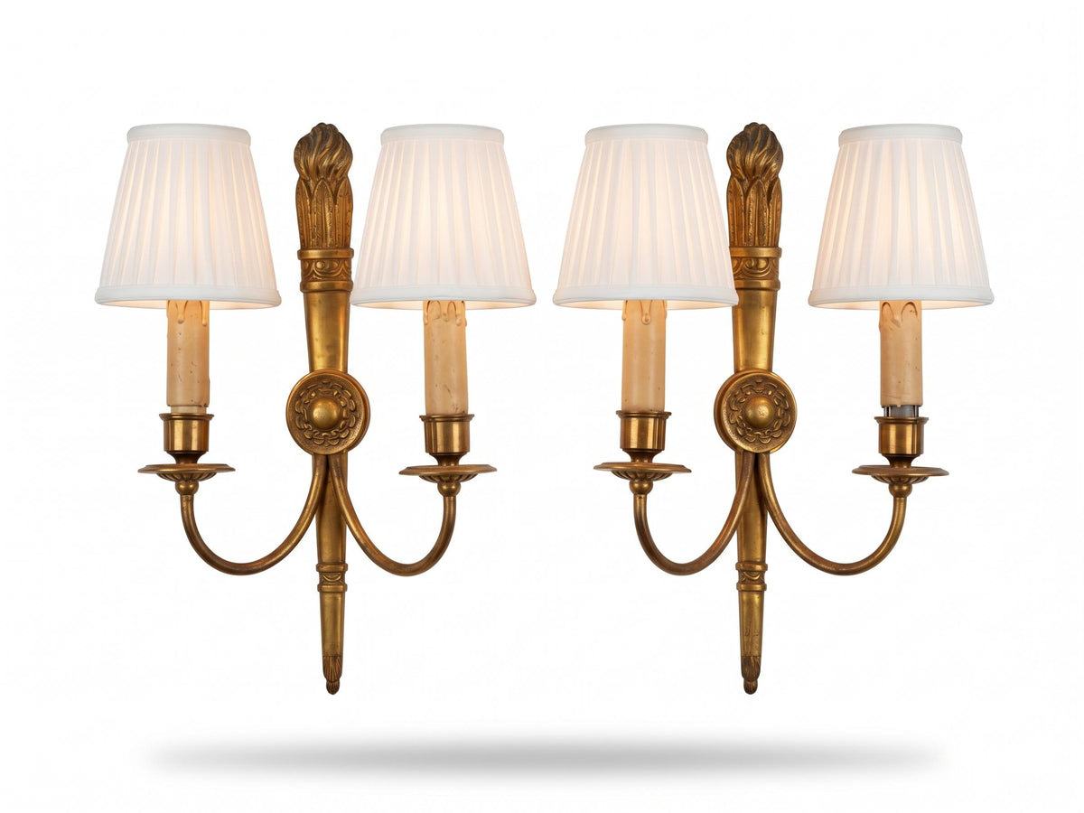 Vintage Pair of Louis XVI Style Gilt Metal Two-Arm Wall Sconces, Torch Back Plates with Rosettes and Swan-Neck Arms