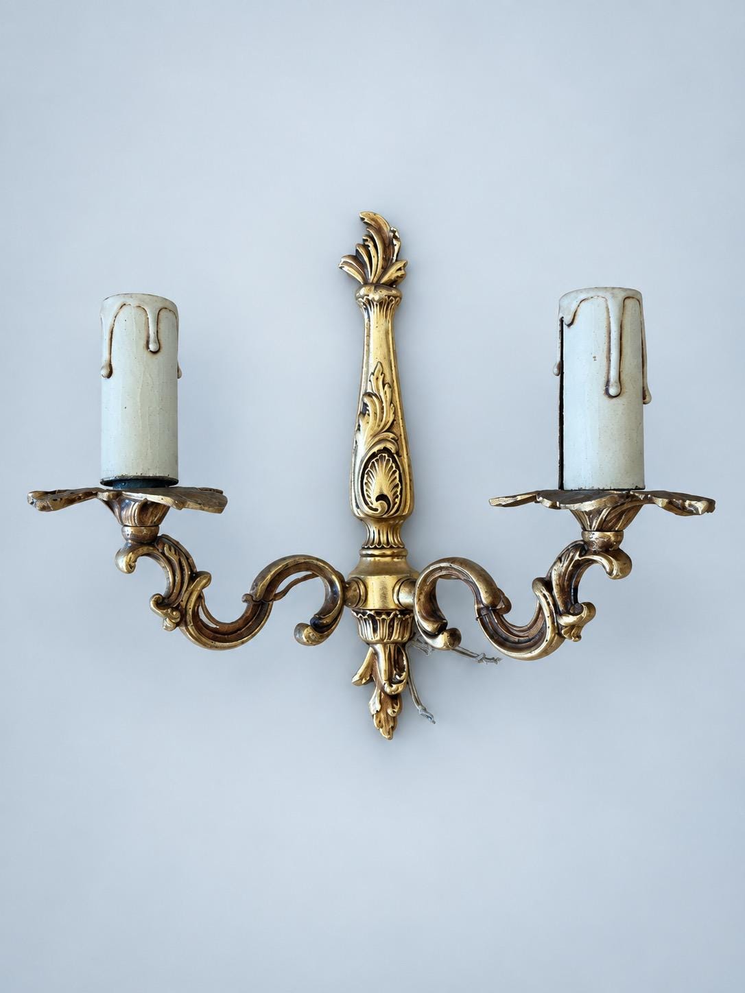 Vintage Set of Four Louis XV Style Brass-Tone Two-Arm Wall Sconces with Leaf-Shaped Drip Pans