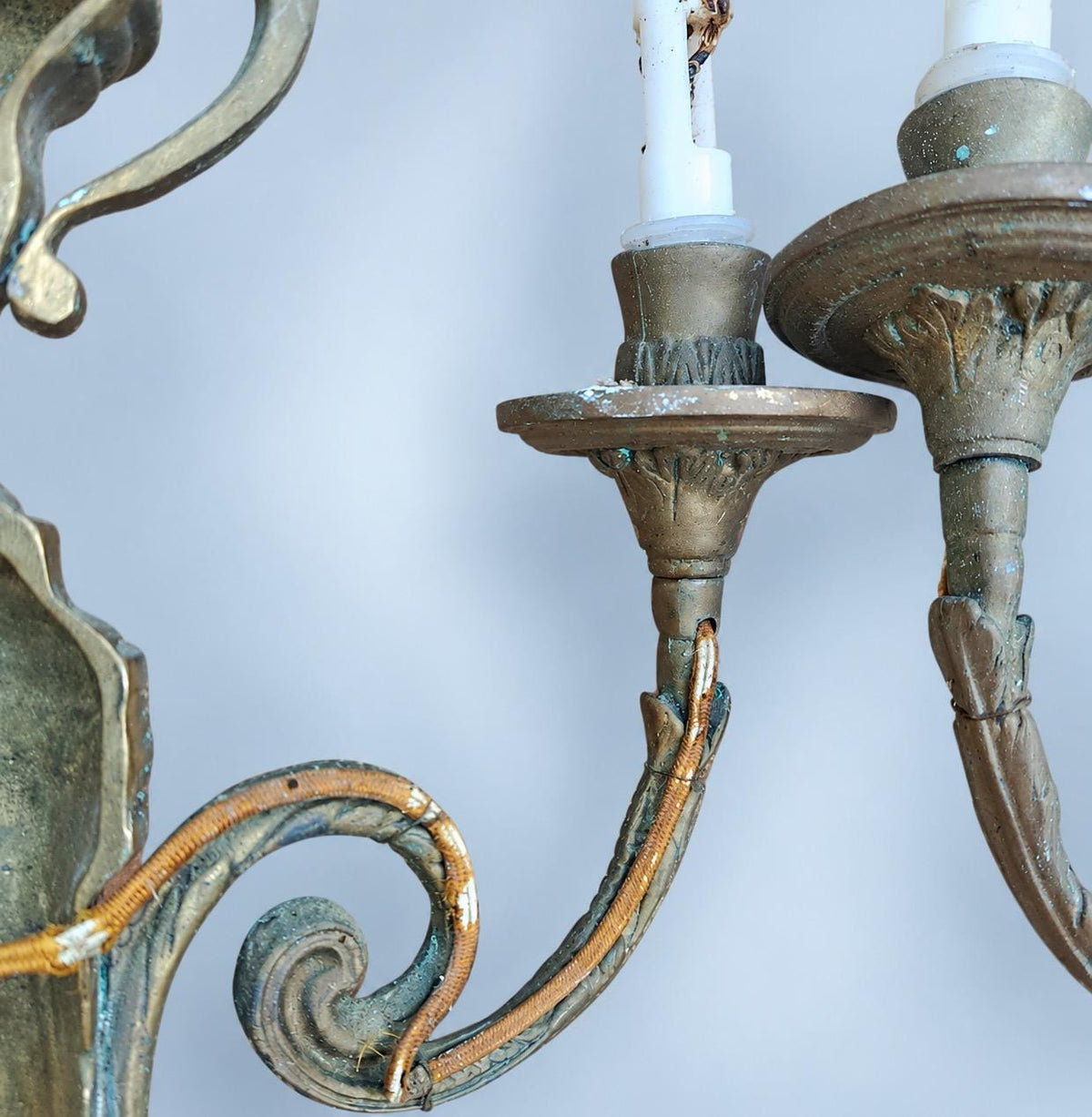 Antique Pair of Large Transition Style Bronze-Tone Two-Arm Wall Sconces with Urn Crest