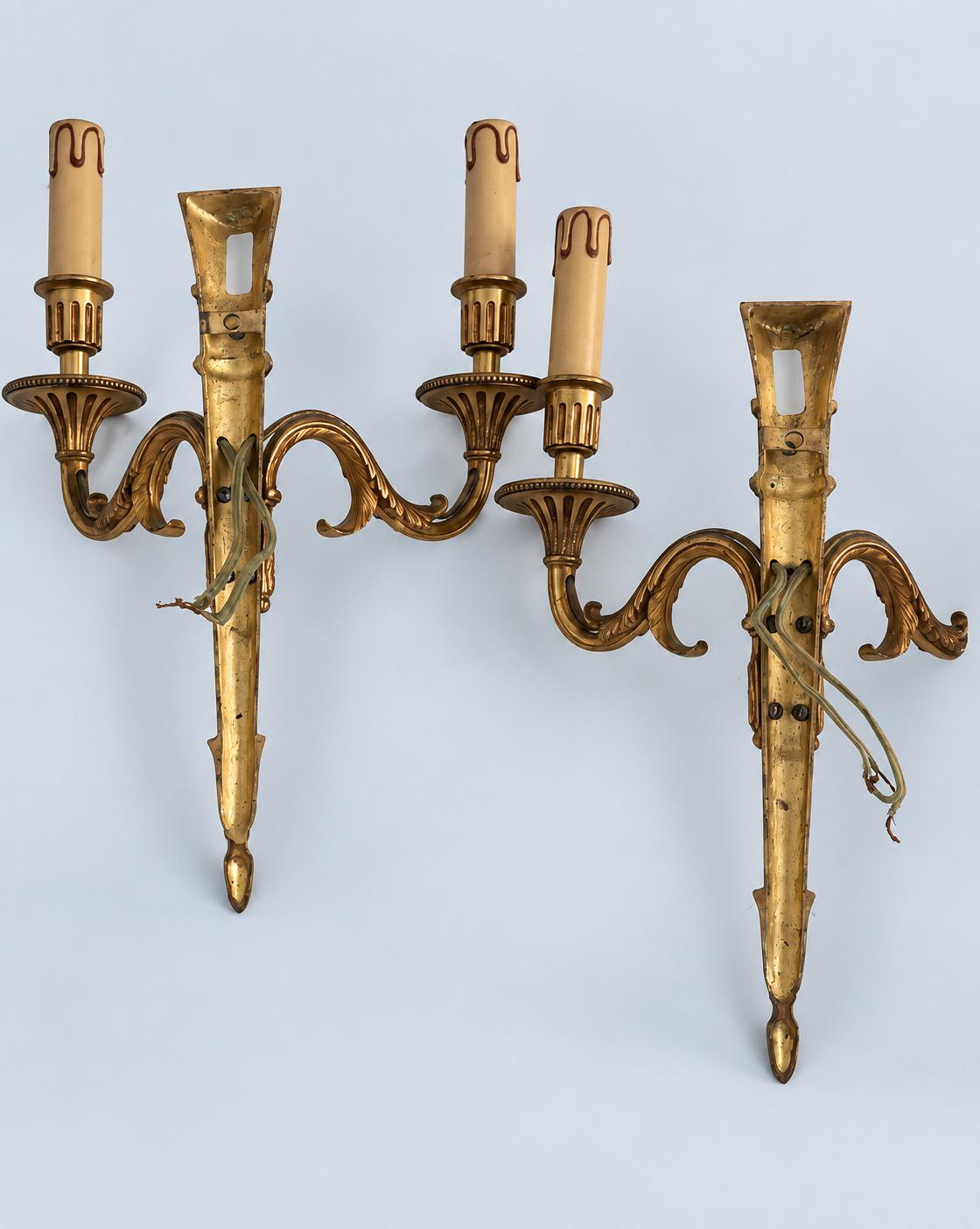 Vintage Pair of Louis XVI Style Gilt Metal Two-Arm Wall Sconces with Fluted Shaft and Rosettes