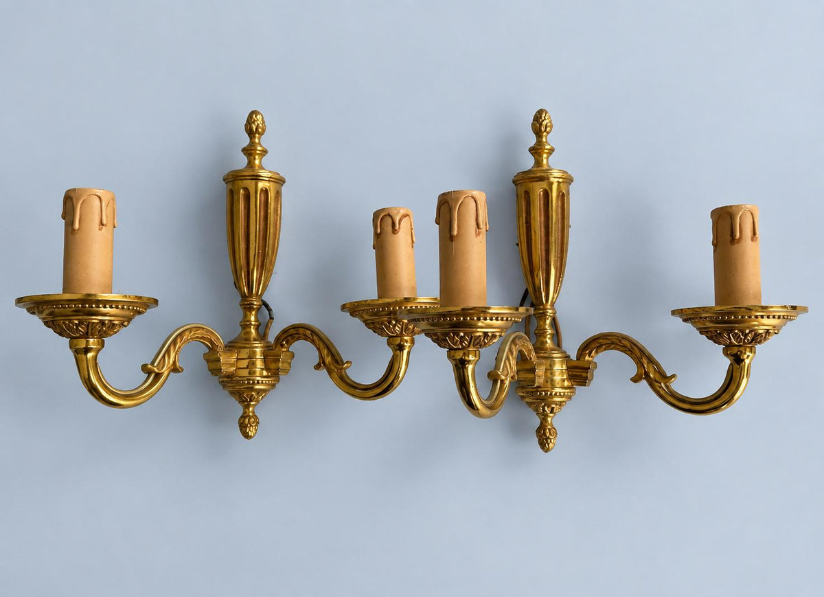 Vintage Pair of French Louis XVI Style Gilt Metal Two-Arm Wall Sconces with Fluted Urn Column
