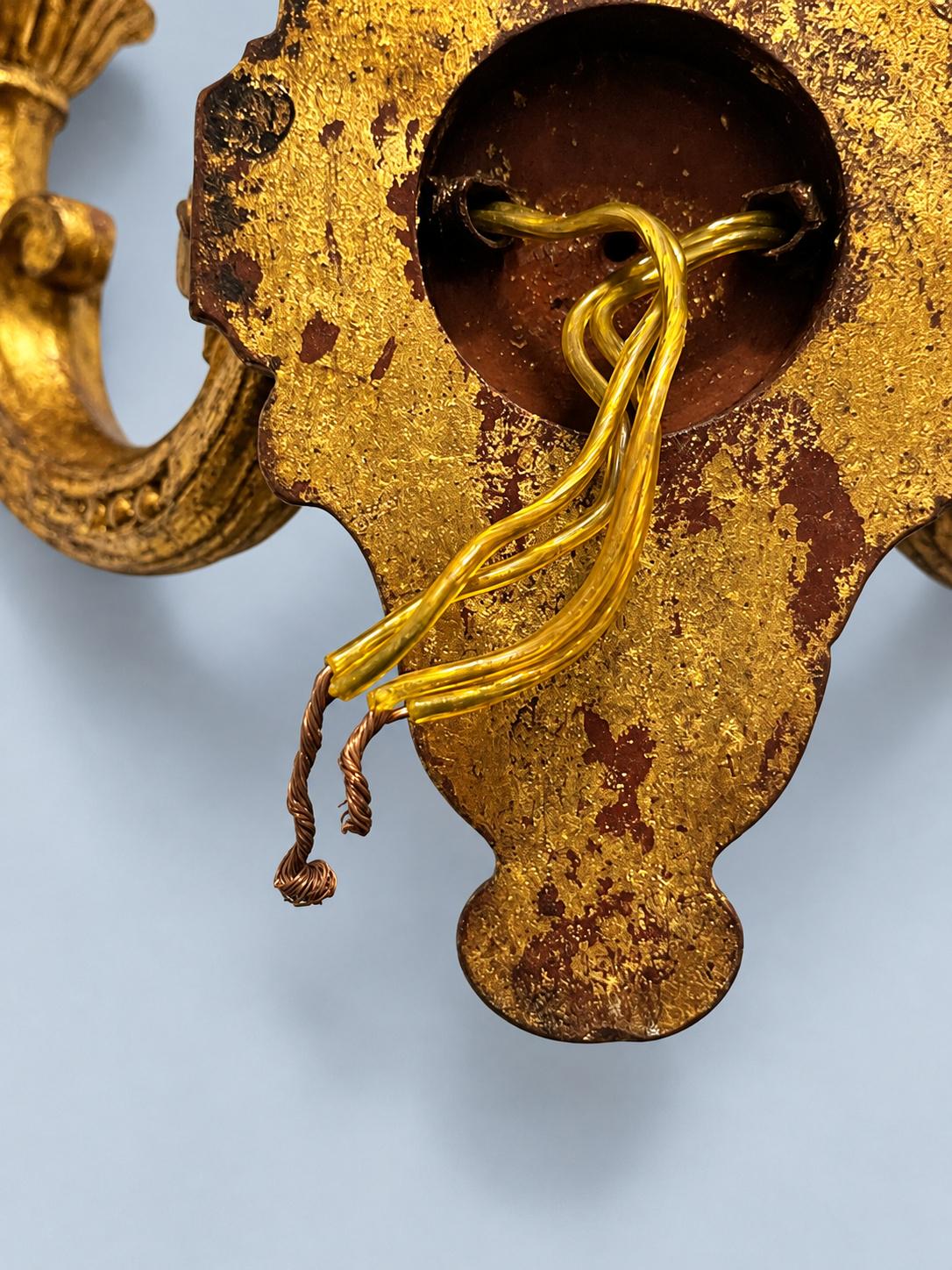 Vintage Pair of Classical Style Antique Gold Finish Two-Arm Wall Sconces with Acanthus Arms