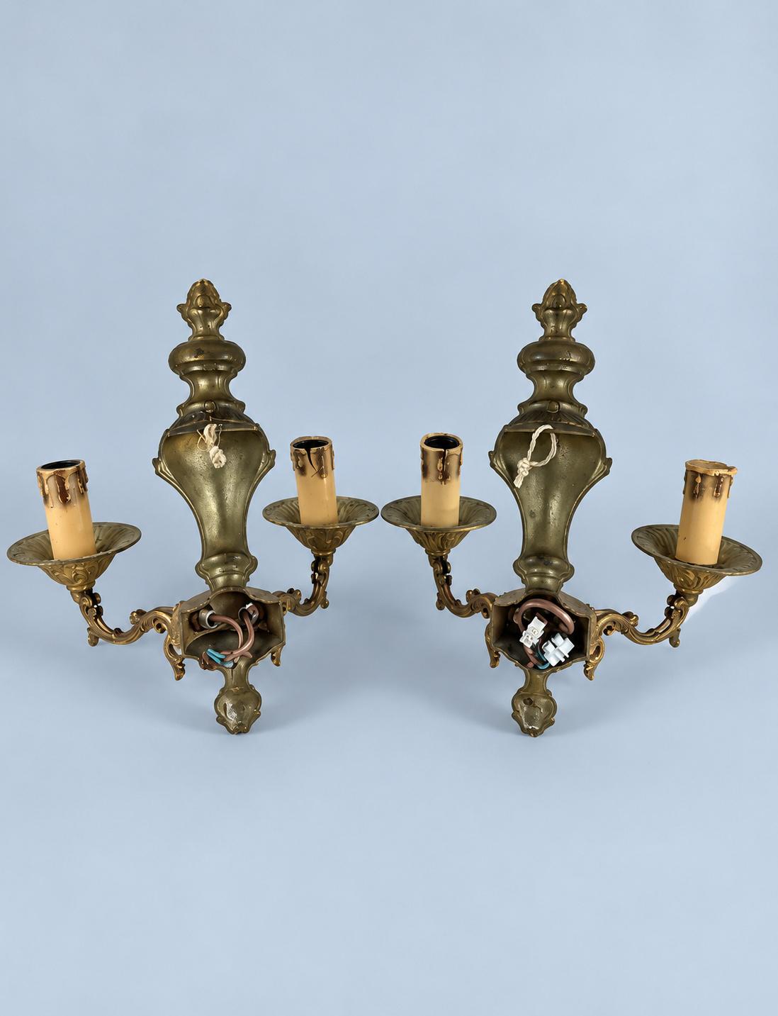 Vintage Pair of Louis XV Style Gilt Metal Two-Arm Wall Sconces with Deep Drip Pans