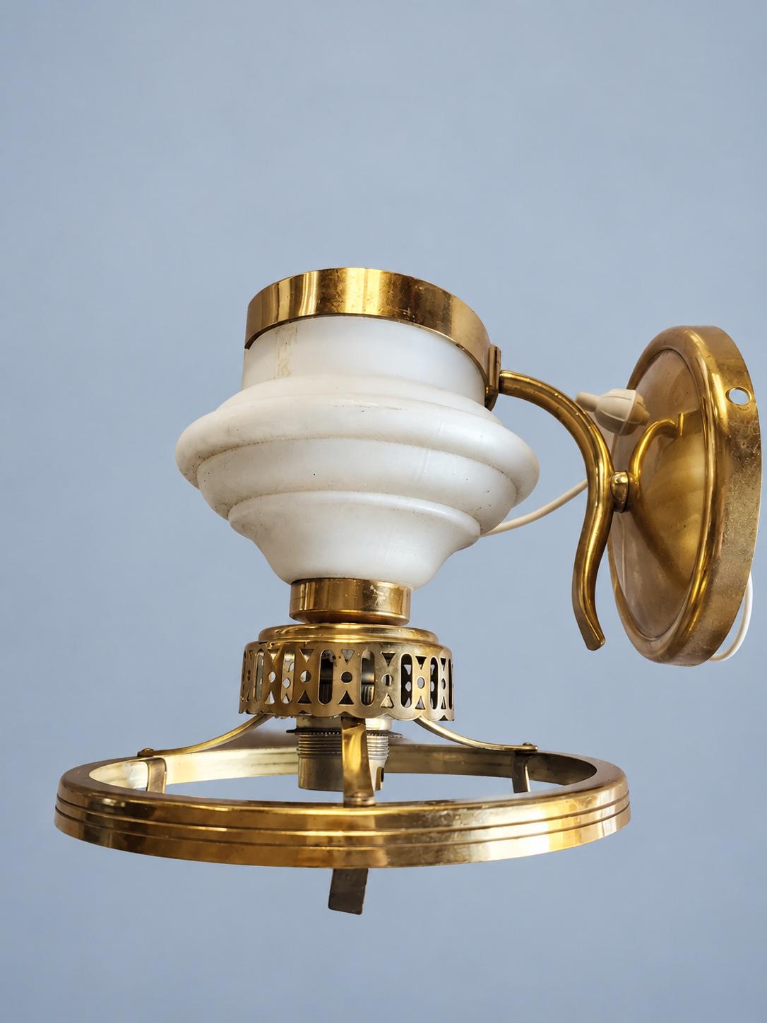 Vintage Pair of Brass-Tone Oil Lamp Style Wall Sconces with White Glass Shades