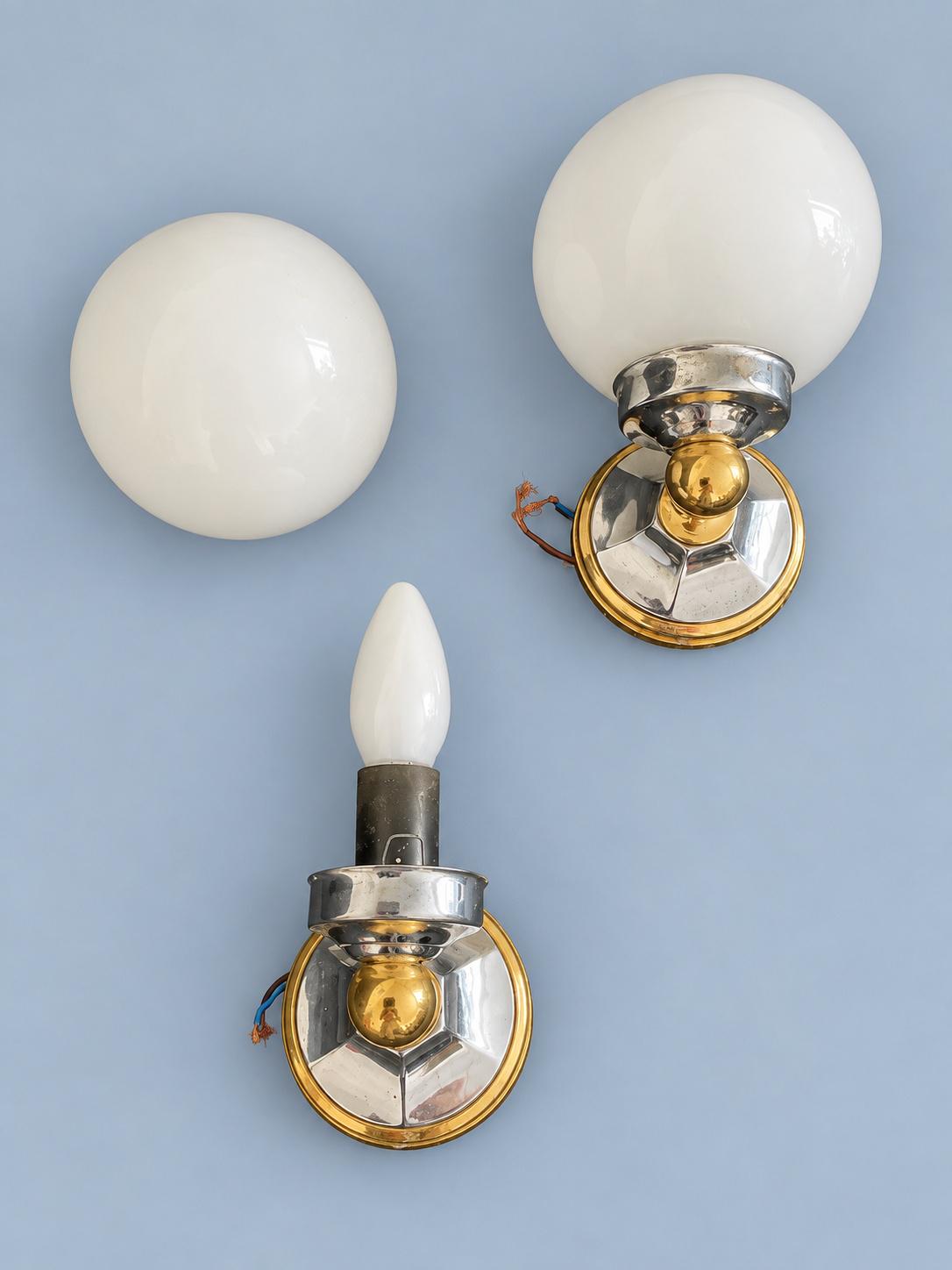 Vintage Pair of Mid-Century Brass-Tone Wall Sconces with White Glass Globes
